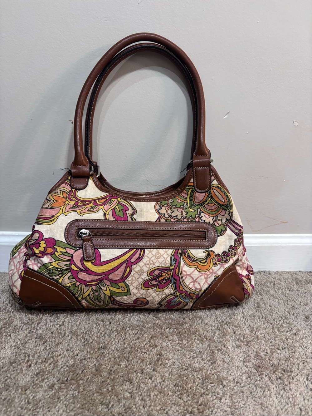Brown Trim Floral Canvas Shoulder Bag